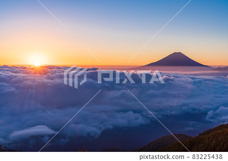 （山梨縣）日出時從櫛形山看甲府盆地的雲海和富士山 83225438