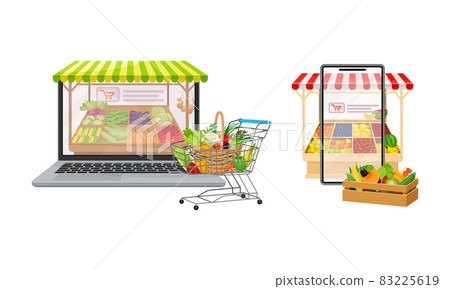 Online shopping with smartphone and laptop set. Online store, electronic commerce concept vector illustration Online shopping with smartphone and laptop set. Online store, electronic commerce concept vector illustration 83225619