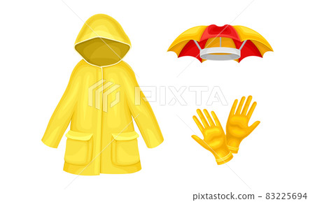 Waterproof Raincoat or Yellow Mackintosh and Gloves Vector Set 83225694