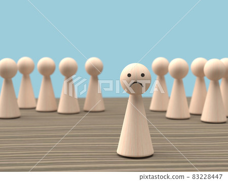 3D插圖, 沮喪的木頭人偶站在人群中前 83228447