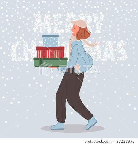 Happy woman with Christmas gifts. Female wearing in santa hat on snow background Merry Christmas concept. Vector illustration 83228973