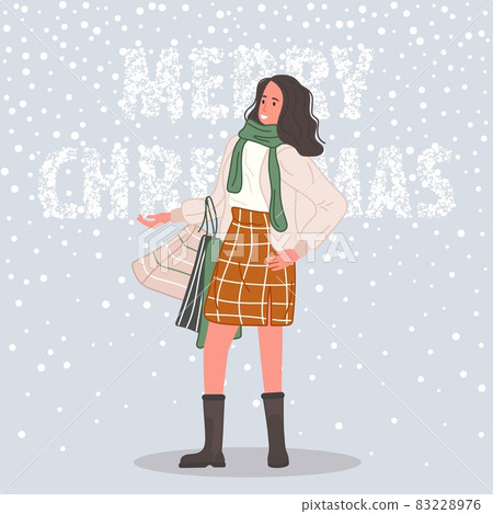 Happy woman with Christmas gifts. Female wearing in santa hat on snow background Merry Christmas concept. Vector illustration 83228976