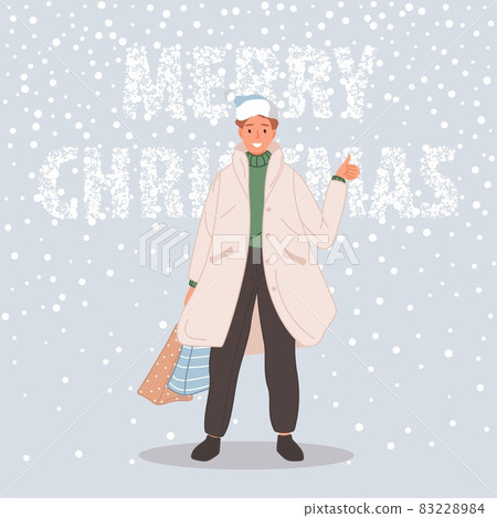 Happy man with Christmas paquette. Male wearing in santa hat on snow background Merry Christmas concept. Vector illustration 83228984