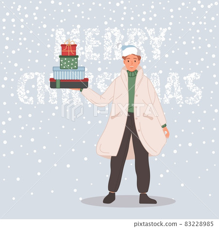Happy man with Christmas gifts. Male wearing in santa hat on snow background Merry Christmas concept. Vector illustration Happy man with Christmas gifts. Male wearing in santa hat on snow background Merry Christmas concept. Vector illustration 83228985