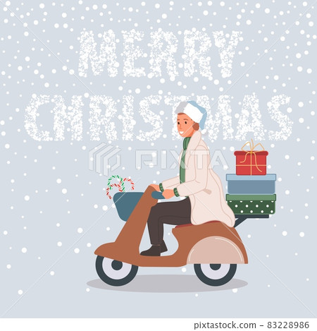 Happy man with Christmas gifts on motorbike. Male wearing in santa hat on snow background Merry Christmas concept. Vector illustration 83228986