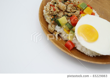 Thai food Gapao rice on a white background Thai food Gapao rice on a white background 83229863