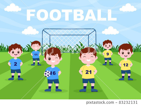 Playing Football with Boys Play Soccer Wear Sports Uniform Various Movements Such as Kicking, Holding, Defending, Parrying and Attacking in Field. Vector Illustration Playing Football with Boys Play Soccer Wear Sports Uniform Various Movements Such as Kicking, Holding, Defending, Parrying and Attacking in Field. Vector Illustration 83232131