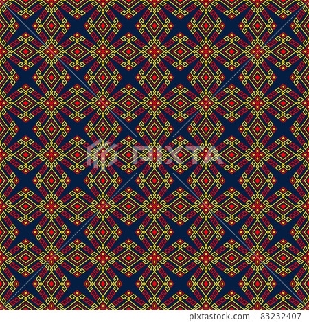 Yellow Red Symmetry Geometric Tribal or Native Seamless Pattern on Blue Background 83232407