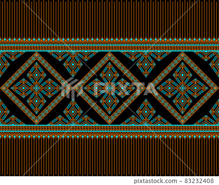 Orange Turquoise Symmetry Geometric Native or Tribe Seamless Pattern on Black Background Orange Turquoise Symmetry Geometric Native or Tribe Seamless Pattern on Black Background 83232408