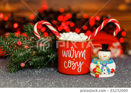 Hot cocoa with sweet marshmallow. Homemade sweet drink. 83232600