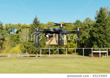 Delivery flying air drone in farm house. Business technology transportation and agriculture concept. Online shopping and service for customer house. 3D illustration rendering Delivery flying air drone in farm house. Business technology transportation and agriculture concept. Online shopping and service for customer house. 3D illustration rendering 83233005