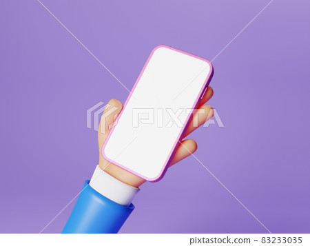 Businessman cartoon character hand holding smartphone with white isolated screen display on purple background. Man hand using mobile phone mockup. Minimal business concept. 3D illustration rendering 83233035
