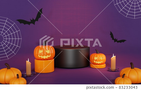 Halloween day orange black with pumpkin and bats product podium stage and spooky candlelight on purple background. Holiday and season concept. Spooky and funny theme. 3D illustration rendering Halloween day orange black with pumpkin and bats product podium stage and spooky candlelight on purple background. Holiday and season concept. Spooky and funny theme. 3D illustration rendering 83233043