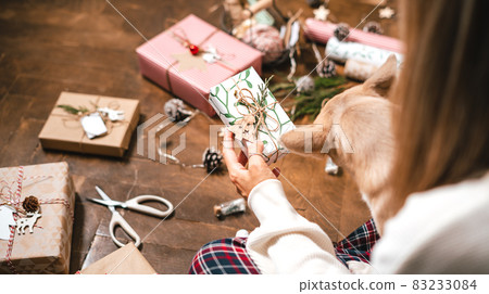 Woman with puppy dog wrapping Christmas gift boxes, close up. Cropped female sit and preparing natural eco presents on floor with decor elements. Merry Christmas or New year DIY packing Concept Woman with puppy dog wrapping Christmas gift boxes, close up. Cropped female sit and preparing natural eco presents on floor with decor elements. Merry Christmas or New year DIY packing Concept 83233084