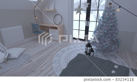 Christmas winter bedroom. 3D illustration 83234118