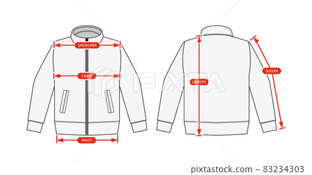 長袖夾克、運動衫、訓練服尺碼表和尺寸表的插圖 83234303