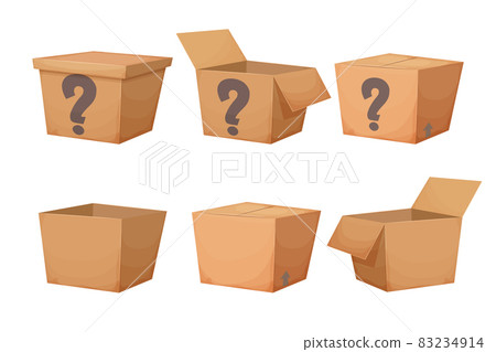 Set mystery cardboard box with question, closed present in cartoon style isolated on white background. Funny lucky package, greeting. 83234914