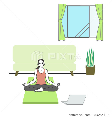 一個年輕微笑的女人在家裡做瑜伽姿勢 Scarsana 全身的簡單線條畫插圖 83235102