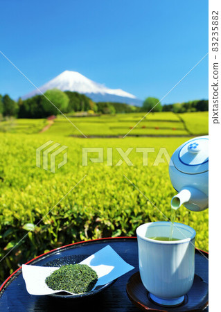 Shizuoka Prefecture Fresh green tea plantation and new tea and Mt. Fuji Shizuoka Prefecture Fresh green tea plantation and new tea and Mt. Fuji 83235882