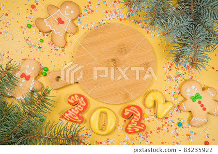 New years 2022 holidays composition on yellow background New years 2022 holidays composition on yellow background 83235922