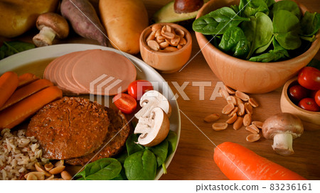 Plant based food concept. close-up of a vegan plate with vegan burger meat and organic vegetables. Plant based food concept. close-up of a vegan plate with vegan burger meat and organic vegetables. 83236161
