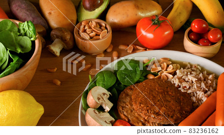 Soy protein burger meat with high fibre ingredients and vegetables Soy protein burger meat with high fibre ingredients and vegetables 83236162