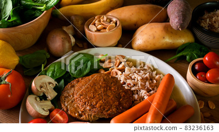 Healthy and nutritious vegan meal concept, Grilled vegan meat Healthy and nutritious vegan meal concept, Grilled vegan meat 83236163