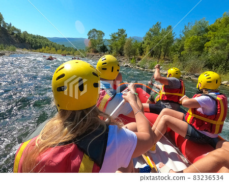 Water rafting on the rapids of river Manavgat in Koprulu Canyon, Turkey. 83236534