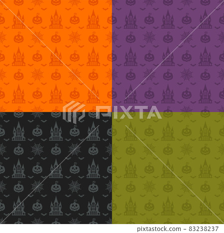 Halloween seamless patterns set. Color background with icons Halloween seamless patterns set. Color background with icons 83238237