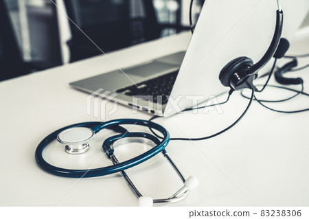 Headset and doctor equipment at clinic ready for actively support for patient Headset and doctor equipment at clinic ready for actively support for patient 83238306