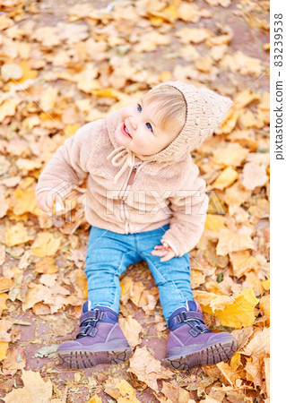 Yellow Autumn Park. Leaf fall and yellow leaves. Portraits of a cute 1 year old baby girl. sunny day. 83239538