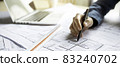 Close up woman hand working of Architect sketching project on blueprint at site construction work. Concept of architect, engineer in the office desk construction project banner 83240702