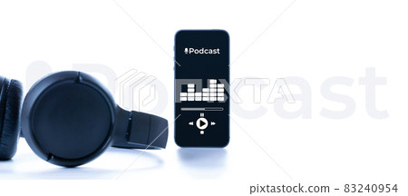 Podcast audio equipment. Audio microphone, sound headphones, podcast application on mobile smartphone screen. Recording sound voice on white background. Live online radio player mockup banner. 83240954