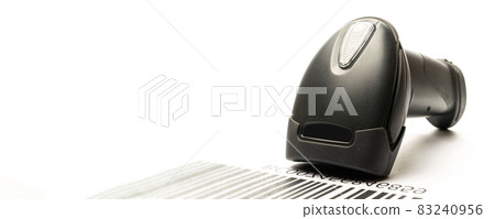 Barcode scanning. Reader laser scanner for warehouse. Retail label barcode scan isolated on white background. Warehouse inventory management. Barcode scanning. Reader laser scanner for warehouse. Retail label barcode scan isolated on white background. Warehouse inventory management. 83240956