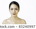 Portrait of attractive asian woman with perfect healthy glow skin half face tan skin isolated on white background, asian beauty korean girl pretty smile face. Beauty clinic tanned skincare spa concept 83240997