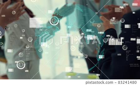 Business people in corporate staff meeting with envisional graphic 83241480