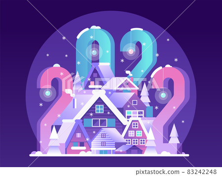 Happy 2022 New Year Scene with Snow Village Happy 2022 New Year Scene with Snow Village 83242248