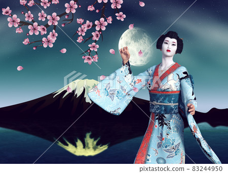 3D Geisha in blue kimono and sakura at night 3D Geisha in blue kimono and sakura at night 83244950
