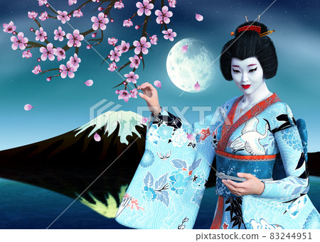 3D Geisha in blue kimono and sakura at night 3D Geisha in blue kimono and sakura at night 83244951