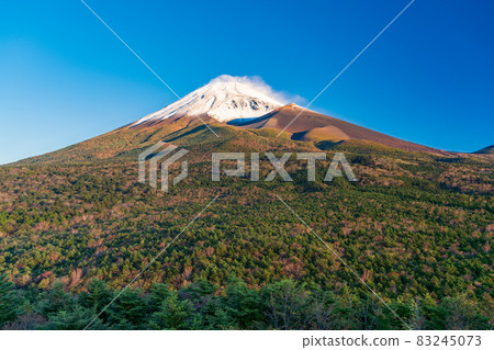 (Shizuoka Prefecture) Mt. Fuji bathed in autumn leaves, snow makeup, and the rising sun (Shizuoka Prefecture) Mt. Fuji bathed in autumn leaves, snow makeup, and the rising sun 83245073