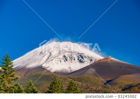 (Shizuoka Prefecture) Mt. Fuji with autumn leaves and snow 83245082