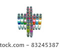 Set of laboratory flasks with a colored reagents in form medical cross, isolated. 83245387