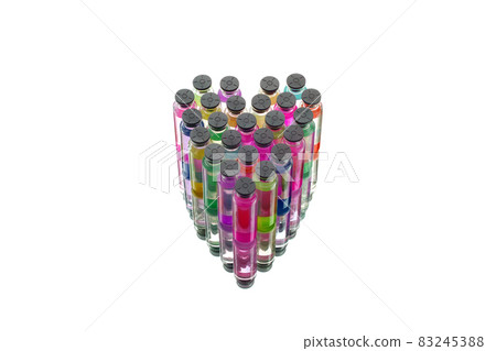 Set of laboratory flasks with a colored reagents in form of heart, isolated. Heart treatment. Set of laboratory flasks with a colored reagents in form of heart, isolated. Heart treatment. 83245388