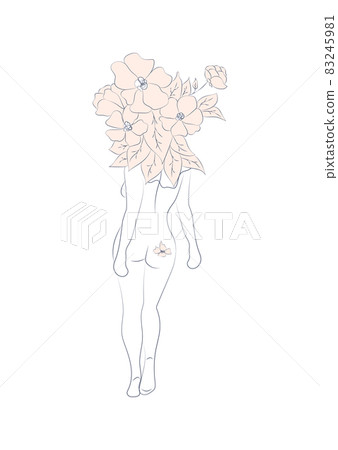 Silhouette of a woman, female body, body positive, cosmetic concept with flowers, trendy beige, template 83245981