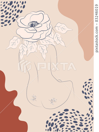 Silhouette of a woman, female body, body positive, cosmetic concept with flowers, trendy beige, template Silhouette of a woman, female body, body positive, cosmetic concept with flowers, trendy beige, template 83246019