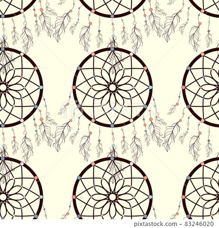 seamless background, retro pattern, ethnic doodle collection, tribal design. Hand drawn illustration with indian dreamcatchers and feathers seamless background, retro pattern, ethnic doodle collection, tribal design. Hand drawn illustration with indian dreamcatchers and feathers 83246020