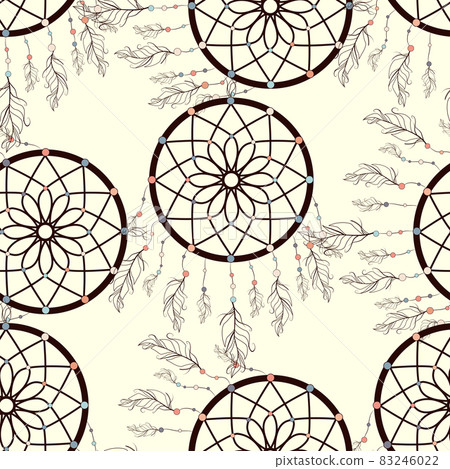 seamless background, retro pattern, ethnic doodle collection, tribal design. Hand drawn illustration with indian dreamcatchers and feathers seamless background, retro pattern, ethnic doodle collection, tribal design. Hand drawn illustration with indian dreamcatchers and feathers 83246022