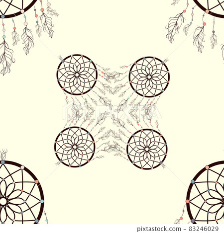 seamless background, retro pattern, ethnic doodle collection, tribal design. Hand drawn illustration with indian dreamcatchers and feathers 83246029