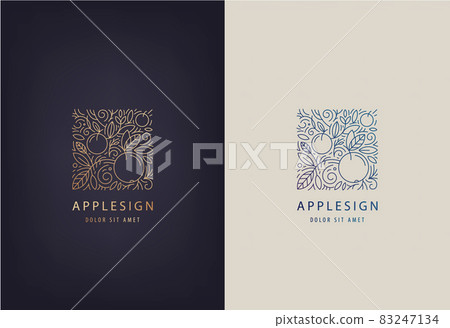 Vector line logo design template leaves and apples. Nature badge for holistic medicine centers, natural and organic food products. 83247134