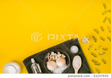 Spa set: soap, essential oil, sea salt and towel. Spa set: soap, essential oil, sea salt and towel. 83247650